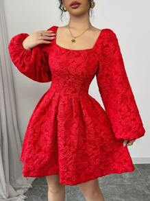 Modelyn Women's Red Textured Floral Embossed Mini Dress