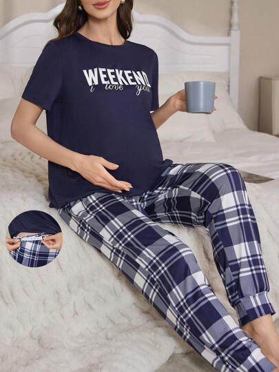 Moonlight&Mama 撞色字母印花 T 恤和格子印花裤、孕妇睡衣套装