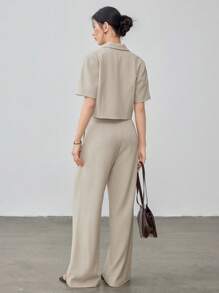 Dazy-Less 女士纯色商务休闲短袖西装外套和长裤套装 Old Money - 杏色 - 查看 5