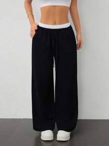 SHEIN PETITE Women's Corduroy Colorblock High Waist Pockets Wide Leg Loose Pants - Black - View 8