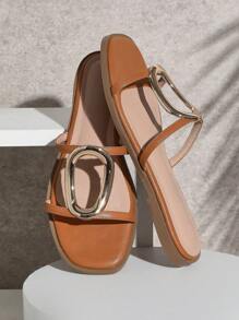 SHUZIA Top Seller Women's  Minimalist Big Metallic Buckle Square Toe Flat Pu Tan Slide Sandals-Luxury, Stylish & Comfortable Vacation Shoes Casual Shoes Beach Shoes Mother's Day Present - Brown - View 6