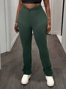 Slaydiva Nuevas mallas ajustadas de talla grande para mujer 2025 Curve con detalles retorcidos en color verde sólido, para uso casual/deportivo/al aire libre