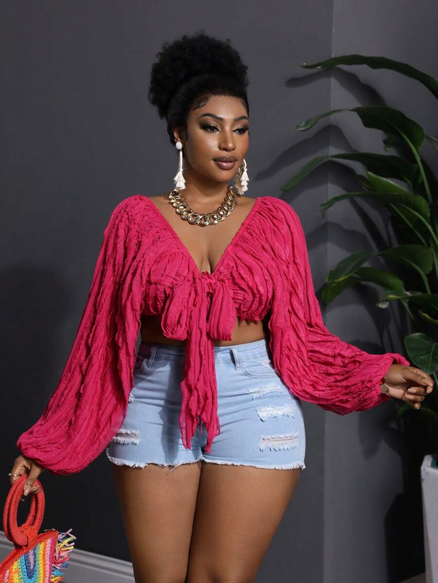 Slaydiva Áo cánh thắt nơ phía trước cỡ lớn, họa tiết màu đỏ hồng, thích hợp cho kỳ nghỉ hè - Màu Hồng Tươi - Xem 1