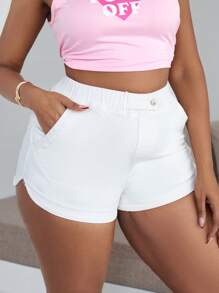 SHEIN EZwear Plus Size White Elastic Waist Denim Shorts, Casual Skinny Fit,Biker Shorts, St Patrick Day / Saint Patrick,Concert Women Rave Festival/Country Concert / Nashville / Ibiza,Summer / Summer/Spring For Women,Going Out,Festival,Rodeo,Airport For Women,Kpop,Nashville,European Summer,Concert,Cowgirl,Graduation,Beach For Woman,Vacation Beach,Boho Women,Ibiza,Boho Chic,For Women - White - View 1