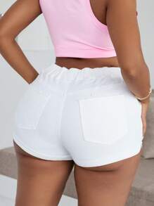 SHEIN EZwear Plus Size White Elastic Waist Denim Shorts, Casual Skinny Fit,Biker Shorts, St Patrick Day / Saint Patrick,Concert Women Rave Festival/Country Concert / Nashville / Ibiza,Summer / Summer/Spring For Women,Going Out,Festival,Rodeo,Airport For Women,Kpop,Nashville,European Summer,Concert,Cowgirl,Graduation,Beach For Woman,Vacation Beach,Boho Women,Ibiza,Boho Chic,For Women - White - View 2