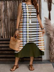 EMERY ROSE Plus Size Women Striped Round Neck Sleeveless Casual Dress - Multicolor - View 5