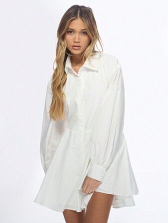 MISSGUIDED Oversized Button Down Shirt Dress With Balloon Sleeves Collared Mini Length Cotton Blend Spring Summer Fashion Statement Piece Perfect For Beach Vacation Day Party Events