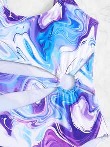 SHEIN Tween Girl Marble Print Cutout Sleeveless Swimsuit, Random Print - Multicolor - View 4