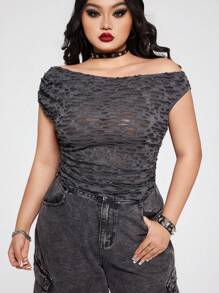 SHEIN ICON Plus Size Punk Style Oblique Shoulder Burnout T-Shirt, Minimalist Fashion Casual Everyday Wear