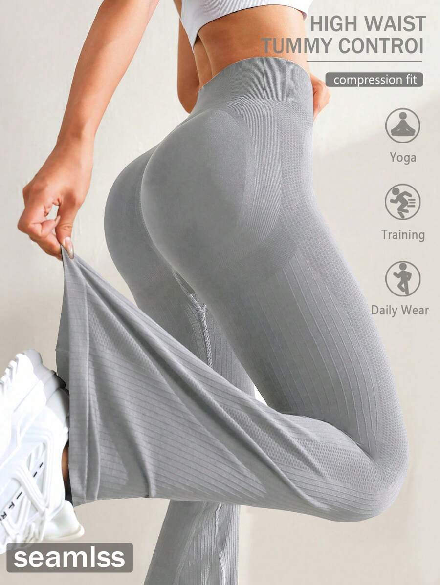 Gameset SHEIN Sport Quần yoga ống loe cạp cao màu trơn tối giản ôm vừa vặn - Màu Xám nhạt - Xem 1