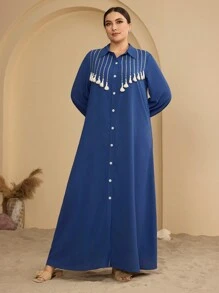 Graceveil Plus Size Women Long Embroidered Shirt Dress - Blue - View 4