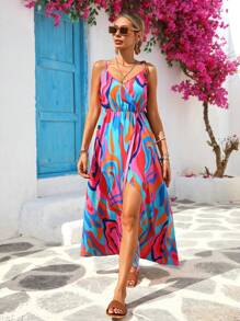 Vivid Eden 女士休闲彩色印花裹身吊带背心中长连衣裙，度假时尚 - 藍色 - 查看 1