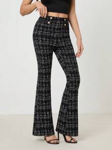 SHEIN Tall Women's Fashion Plaid Slim Flared Pants, Commuter Style - Black - View 5
