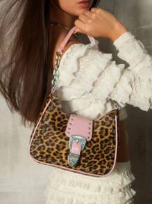 SHEIN ICON 女士, 女式单肩包, 流浪包, 时尚, 个性, 简约, 百搭, 街头, 甜美酷炫女孩, 辣妹, 千禧一代, 复古, 铆钉, 复古, 豹纹, 动物纹, 复古钻石五金扣, 粉色, 青少年,