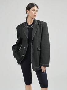 Ontre Áo khoác denim thường ngày cho nữ, thời trang tối giản để mặc hàng ngày - Màu xanh lam - Xem 1