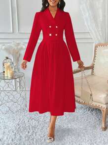 Lyxana Women's Double-Breasted Top And Pleated Skirt Suit - Red - View 3