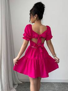 Chiquease 纯色迷你褶皱袖纹理蝴蝶结背部细节连衣裙，适合情人节 - 玫紅色 - 查看 3