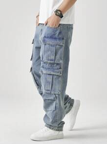 Chillumni Men's Casual Washed Straight Leg Cargo Jeans