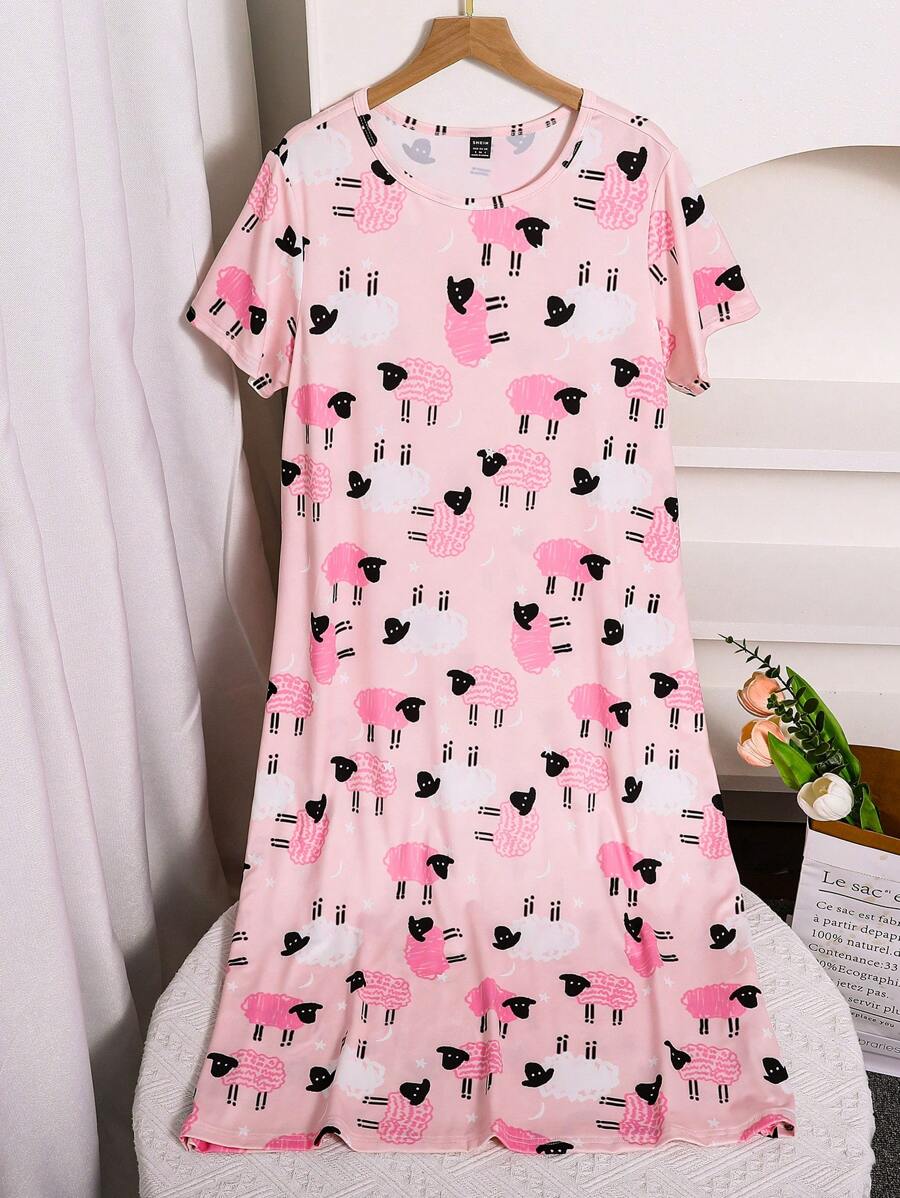 女士绵羊星月印花针织睡袍，粉色圆领短袖长裙家居服 - 粉色 - 查看 1