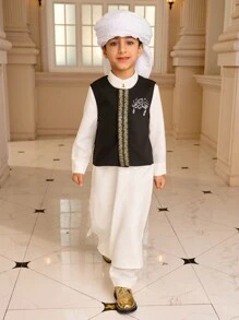 SHEIN 2pcs Muslim Kid Outfit - Shirt And Vest Set, Little Gentleman Muslim Boys White Robe Suit, Muslim Stand Collar Shirt For Boys Aged 4-7 Years