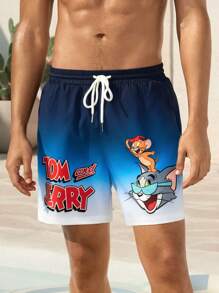 TOM & JERRY X SHEIN Shorts de playa con cordón en la cintura, gráfico de dibujos animados, azul degradado, para vacaciones de verano, hawaiano