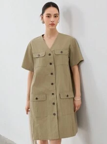 Dazy-Less Vestido de verão feminino estilo reto, estilo casual, com bolsos grandes e comprimento médio - Verde de Exercício - Ver 8