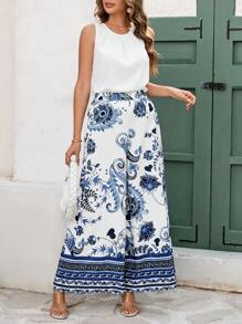 SHEIN Clasi Women Print Sleeveless Pleated Loose White & Blue Placement Print Wide Leg Pants 2 Pieces Set - Multicolor - View 5