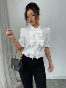 Selianne Fashion Versatile Stand Collar Bow Decor Bubble Sleeve Textured Fabric Women Shirt - White - View 8