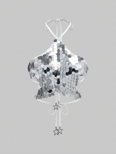 J-Fashion Sexy Sequins Pentagram Pattern Backless Tank Top For Women, Suitable For New Year Party