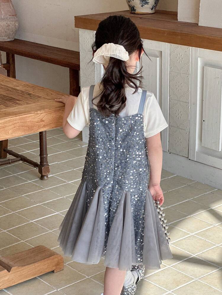 Young Girl Sequin Contrast Mesh Camisole Party Dress',Girls Summer Outfits