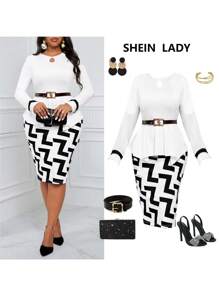 Fleurora Plus Size Women's Keyhole Neckline Ruffled Hem Top And Geographical Printed Midi Dress Formal 2pcs Set (Belt Not Included) Black And White Teacher Clothes Fall Outfits Four Seasons - Black and White - View 6