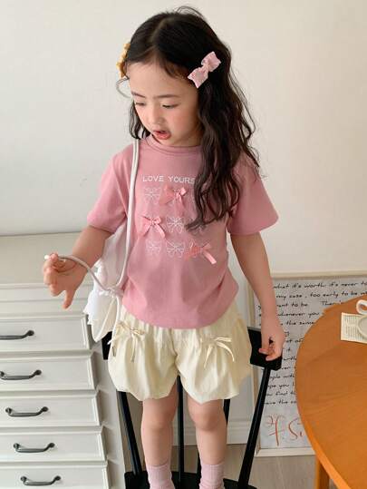 Dazy Kids Bộ quần short tay ngắn 2 món có nơ trang trí cho bé gái, trang phục mùa hè cho bé gái