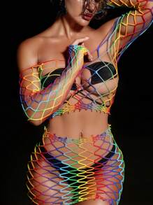 Swim SXY Spring Break Women 2pcs Set Knit Multi-Color Rainbow Long Sleeve Fishnet Bodysuit + Sexy Beach Dress - Multicolor - View 5