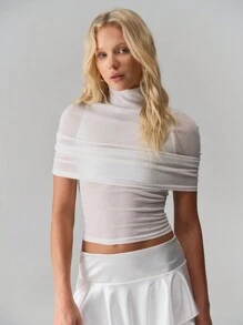 TRNVIE Women 2-In-1 Short Sleeve T-Shirt With Detachable Mini Shawl - White - View 5