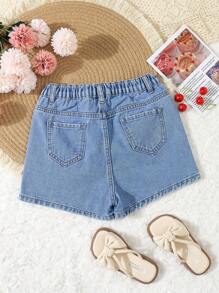 SHEIN Explorewe Tween Girl Embroidered Strawberry Denim Shorts, Summer,Holiday,Summer,Travel - Medium Wash - View 2