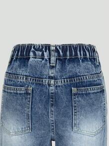 SHEIN Tween Girls Y2K Style All-Match Versatile New Mid-Blue Elastic Waist Zipper Fly Classic Loose Fit Washed Denim Jeans - Medium Wash - View 6