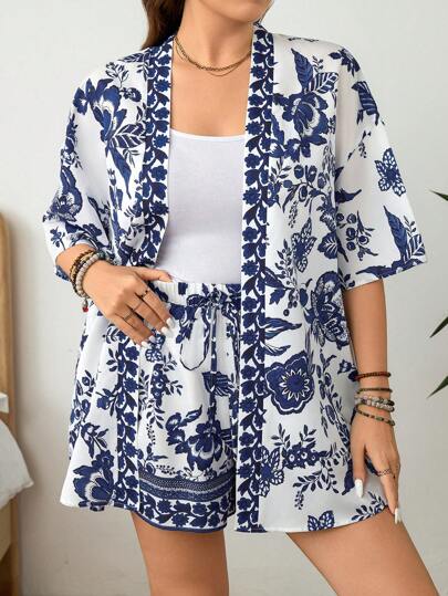 SHEIN LUNE 2 Peças/Conjunto Blusa de Ombros Caídos com Estampa Floral e Shorts em Porcelana Azul e Branca Tamanhos Grandes, Conjunto de Quimono e Shorts Boho para Férias, Conjunto de 2 Peças Estilo Boho, Roupas de Verão para Mulher, Conjuntos de Férias, Estilo Resort e Férias, Conjunto de 2 Peças Roupas De Férias Femininas, Uso Diário Estiloso