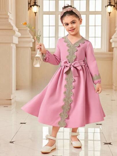 Young Girl Patchwork Applique V-Neck Long Sleeve Tie Waist Elegant Dress