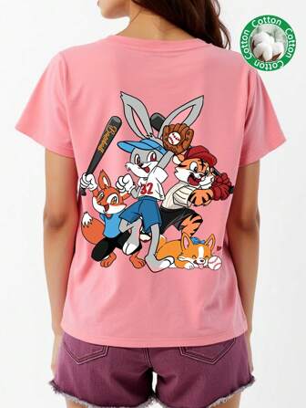 SHEIN EZwear Lässiges, einfaches Shirt mit Rundausschnitt, Kurzarm, locker geschnitten für Damen, mit Muster aus Kaninchen, Fuchs, Tiger, Welpen und anderen kleinen Tieren, sommerlich aus Baumwolle geeignet