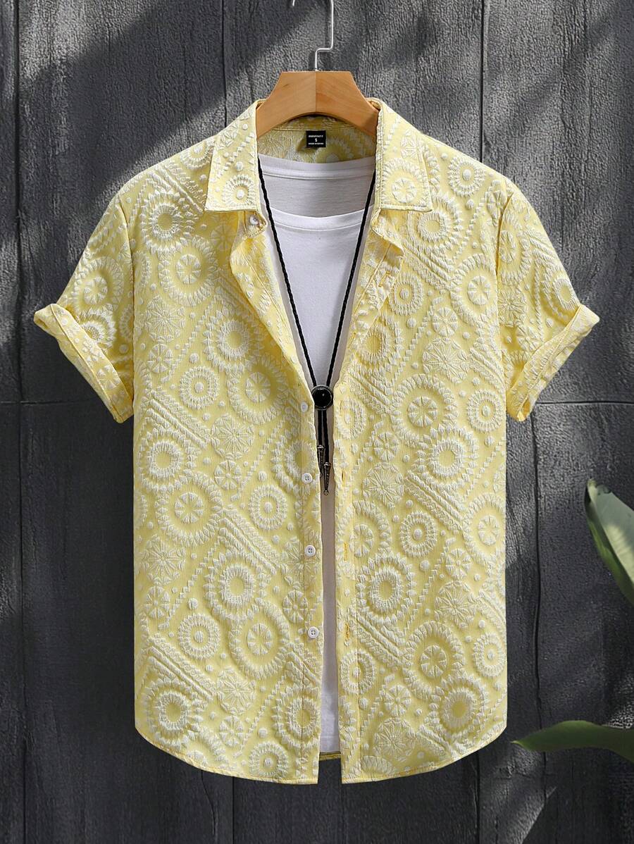 Manfinity Homme Áo sơ mi nam tay ngắn có ve áo họa tiết hoa ba chiều hình tròn ba chiều nhiều màu sắc, thích hợp làm quà tặng cho bạn bè và bạn trai, áo sơ mi thường ngày cho nam, áo sơ mi nam mùa hè, áo sơ mi nam - Màu vàng - Xem 1