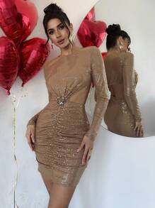 Firerie 女士优雅浪漫时尚通勤性感优雅风格连衣裙，适合派对、圣诞派对、度假、返校、浪漫约会、婚礼、生日、闪亮褶皱长袖针织连衣裙