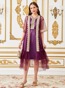 SHEIN Teen Girl Loose Lovely Round Neck Geometric Pattern Coat And Dress 2 Pieces Set - Purple - View 3