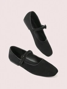 CUCCOO DOLLMOD Sepatu Flat Wanita Nyaman Model Slip-On Bahan Suede Imitasi Ujung Persegi, Warna Hitam - Hitam - View 5