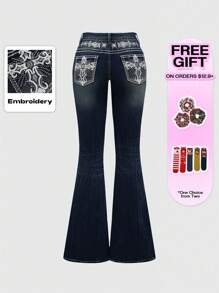 ROMWE PETITE Y2K Vintage Crop Flare Low Waist Jeans For Women With Cross Embroidery Pockets - Navy Blue - View 5