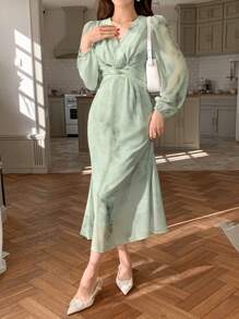 DAZY V-Neck All-Over Floral Print Mid-Calf Casual Dress For Women, Minimalist & Fashionable For Everyday Wear Elegant,Fall Dress Long Sleeve Dress - Green - View 6