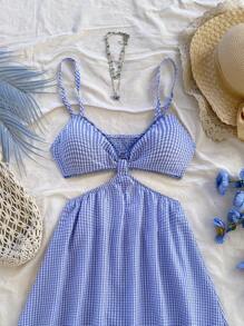 Soleia 女式蓝白格纹镂空腰部 V 领细肩带迷你连衣裙，适合夏季度假、音乐节、波西米亚风、假日、约会/下午茶、沙滩装 - 藍白色 - 查看 5