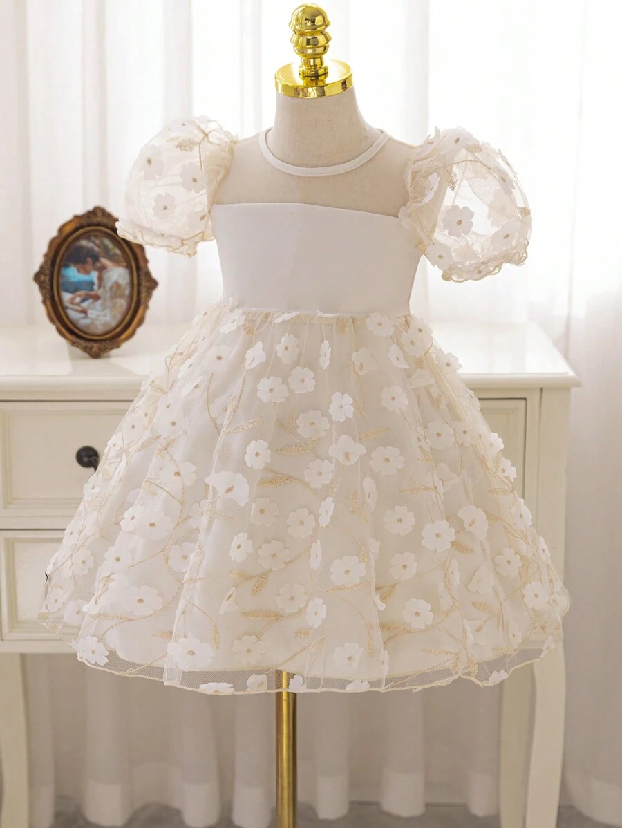SHEIN Glamorique Kids Young Girl Embroidered 3D Floral Bubble Sleeves Summer Party Dress, Suitable For Daily, Party And Wedding, Showcasing The Noble, Glamorous And Essence Of Little Girls,For Spring Break,Easter - Apricot - View 1