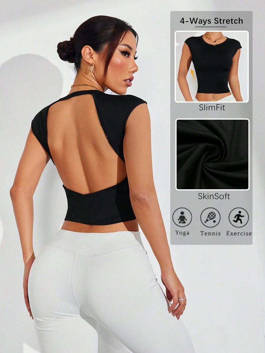 Easithlete Women Open Back Cutout Fitted Sports T-Shirt - Black - View 1