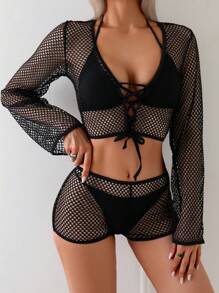 SHEIN Swim 2pcs Women Solid Mesh See-Through Cover Up, For Summer Beach Vacation - Black - View 2