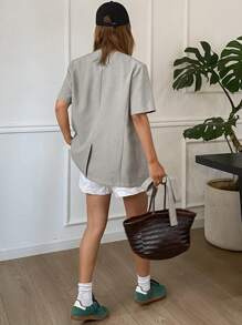 Livesso Women's Solid Color Loose Short Sleeve V-Neck Casual Elegant Vintage Summer Jacket - Khaki - View 2